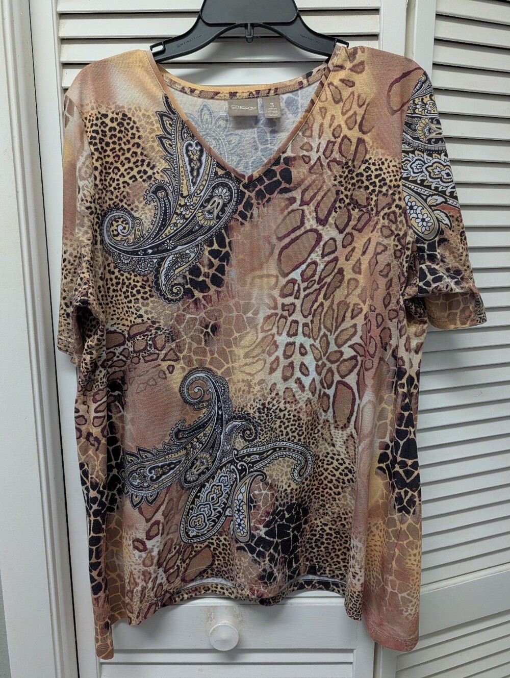 Chico's V-Neck Animal & Paisley Print Top in Brown and Tan